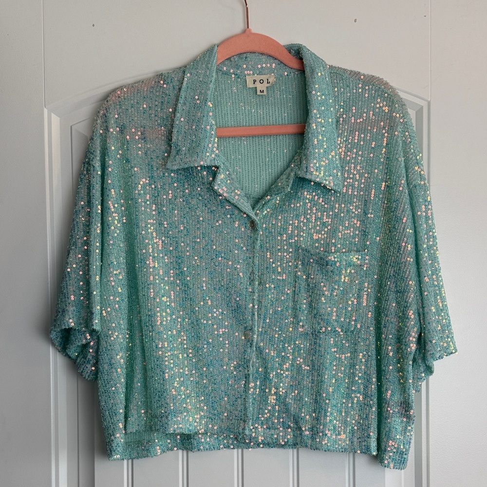 POL Light Turquoise Sequin Cropped Button-Down Top - image 1